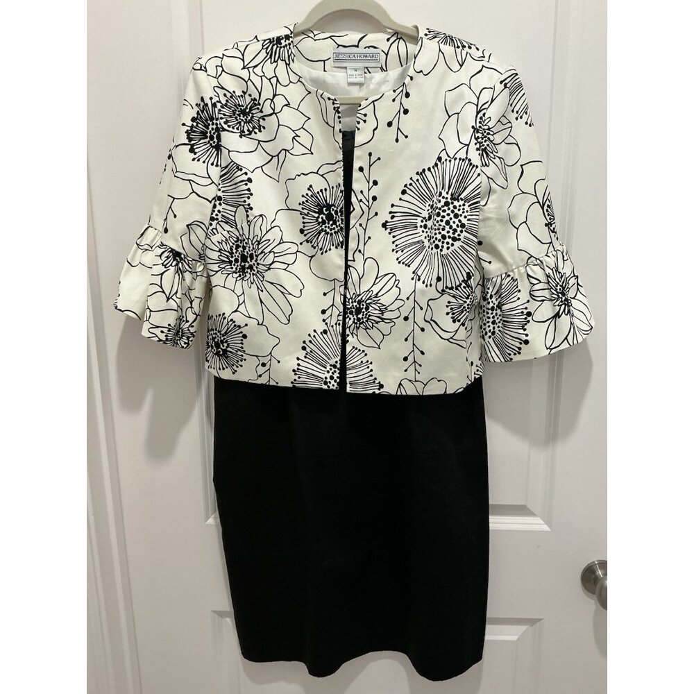 Jessica Howard 2 Piece Dress Suit 14 Black Dress W/ White Black Short Jacket